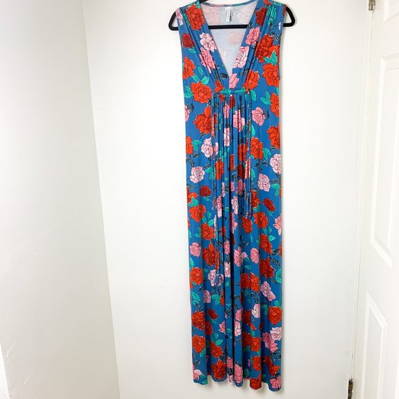 Rachel Pally Kaftan Dress Blue Red Floral V Neck Pleated Stretch Maxi XS - Picture 2 of 7
